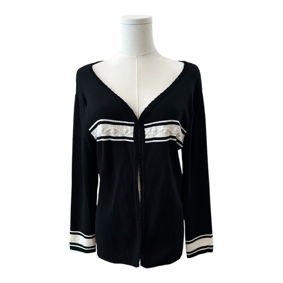 Finity Tops - Women's Medium Tight-Knit Black White Career Casual Embroidered Pearl Cardigan